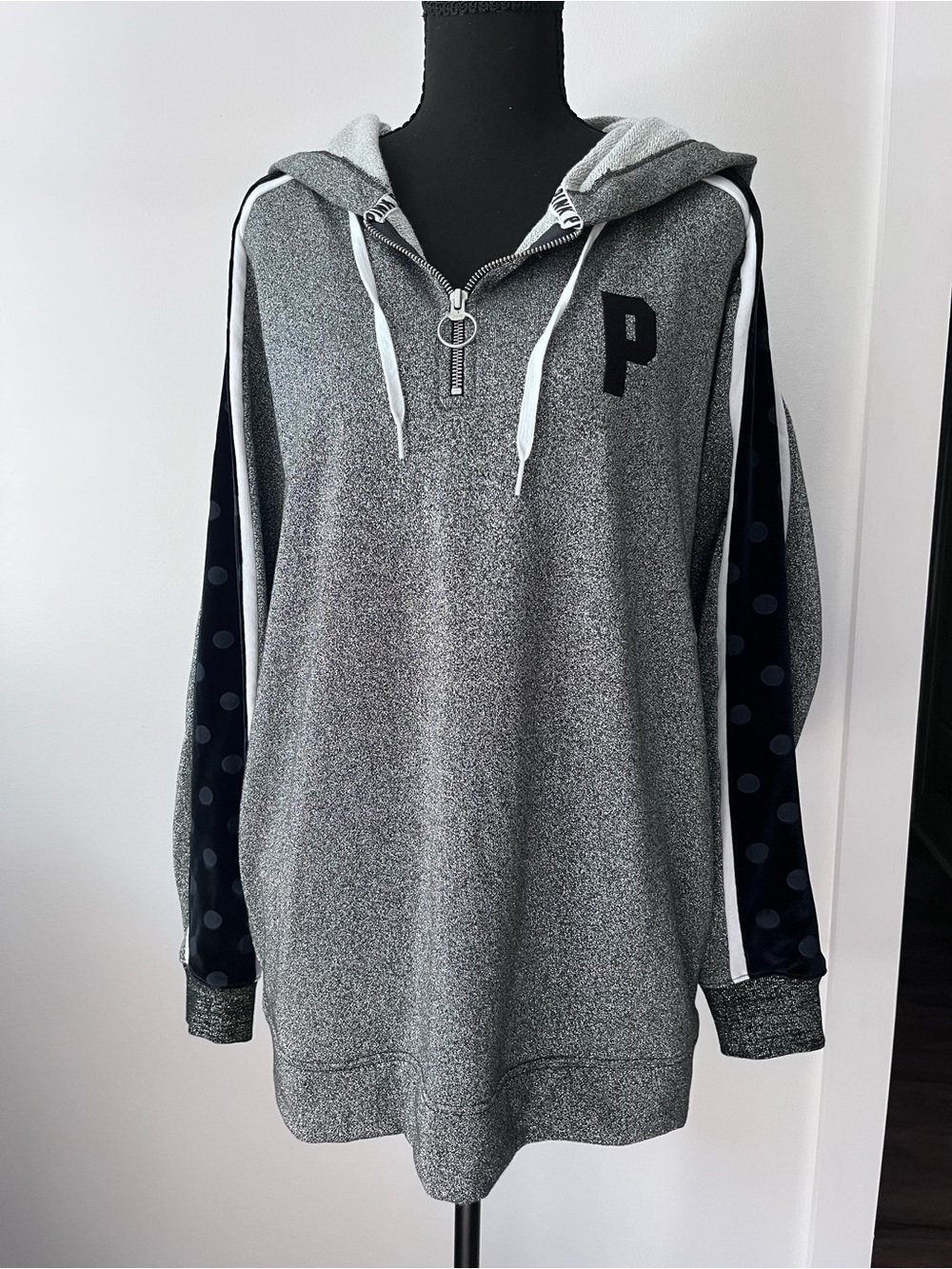 PINK Victoria's Secret Silver  Hoodie Half-Zip Polka-Dot velvet Sleeves